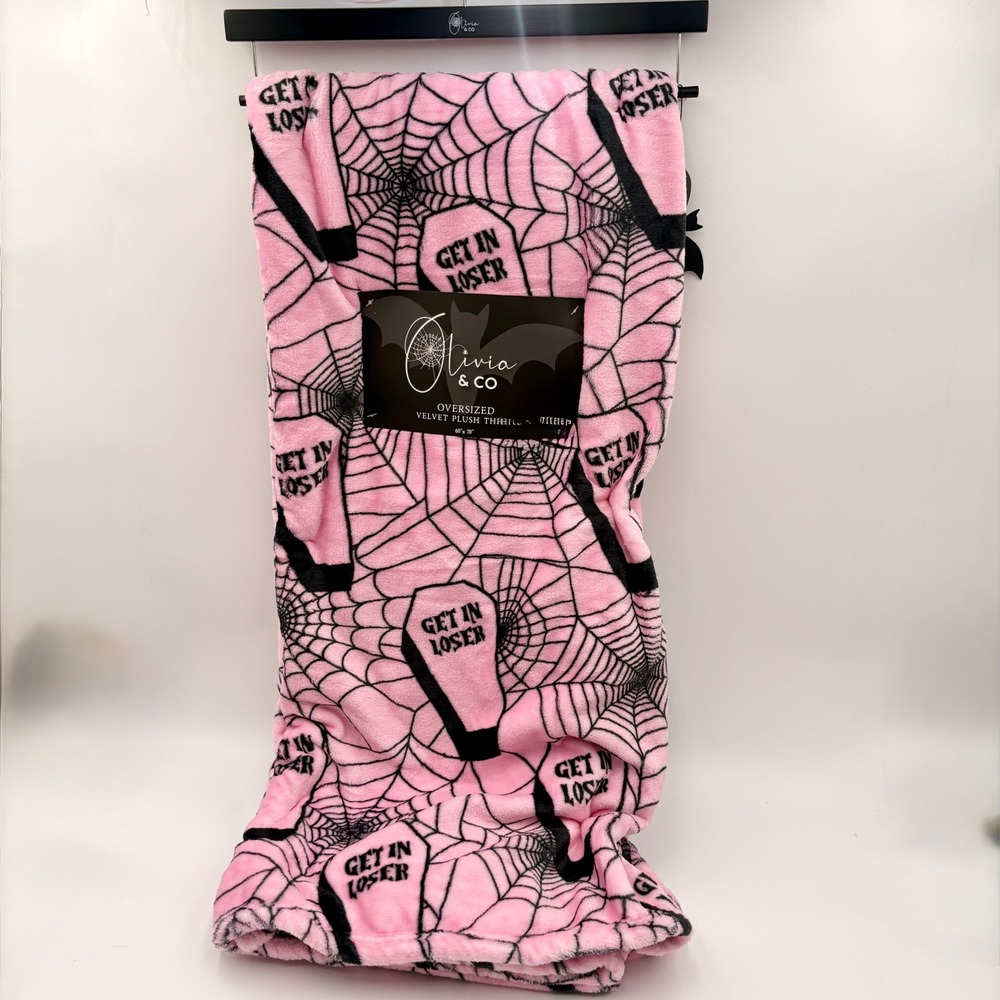Olivia & Co Pink Black Halloween Get In Loser Coffin Spiderweb Throw Blanket